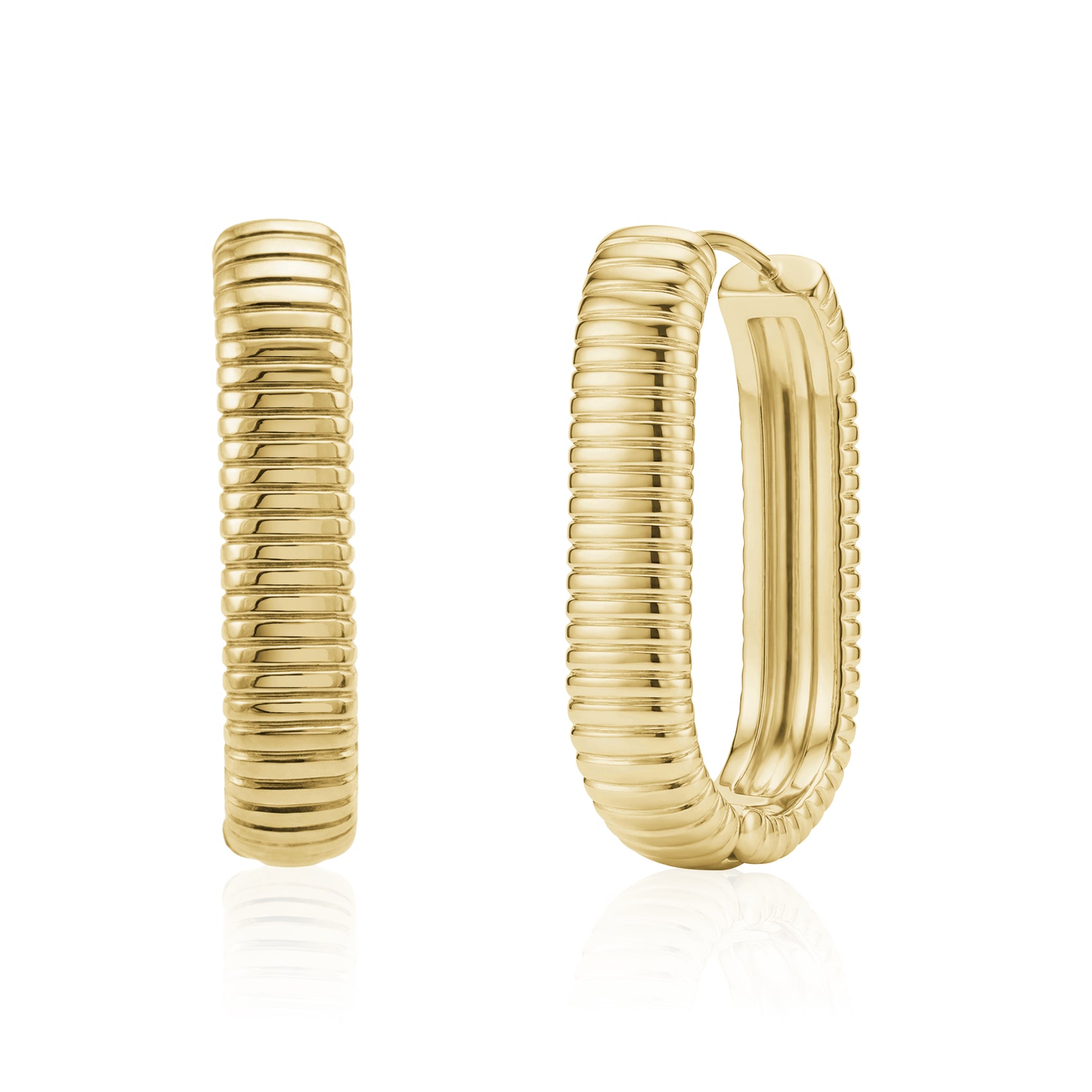 Gold ribbed oval huggie earring front and side view with bright lighting