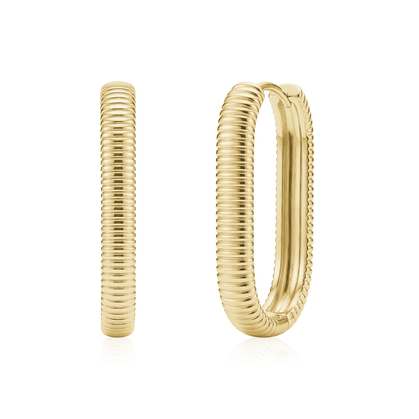 Gold ribbed oval huggie earring close-up angled view showing hinged clasp