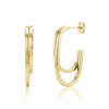 Gold twin curve hoop earrings made of polished stainless steel shown from side and front angles