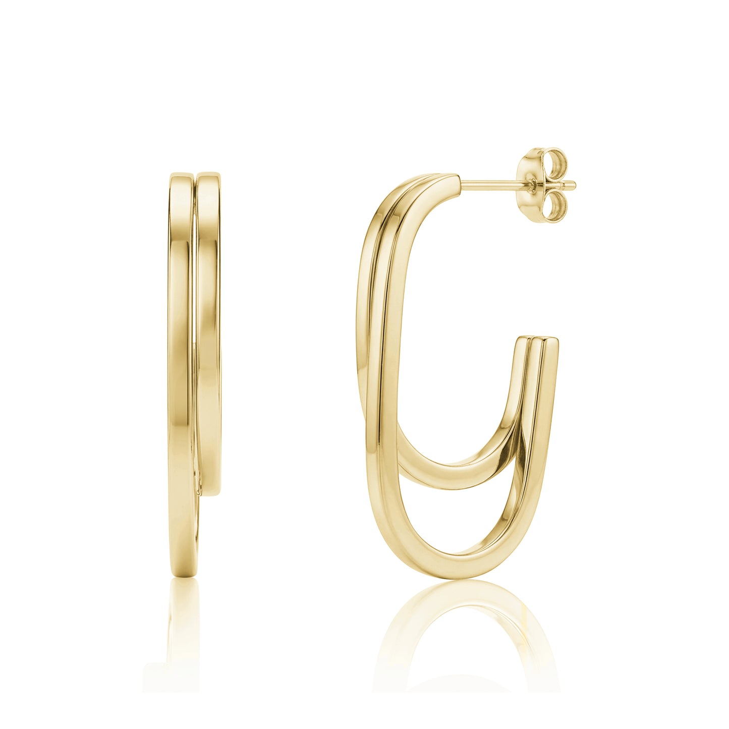 Gold twin curve hoop earrings made of polished stainless steel shown from side and front angles