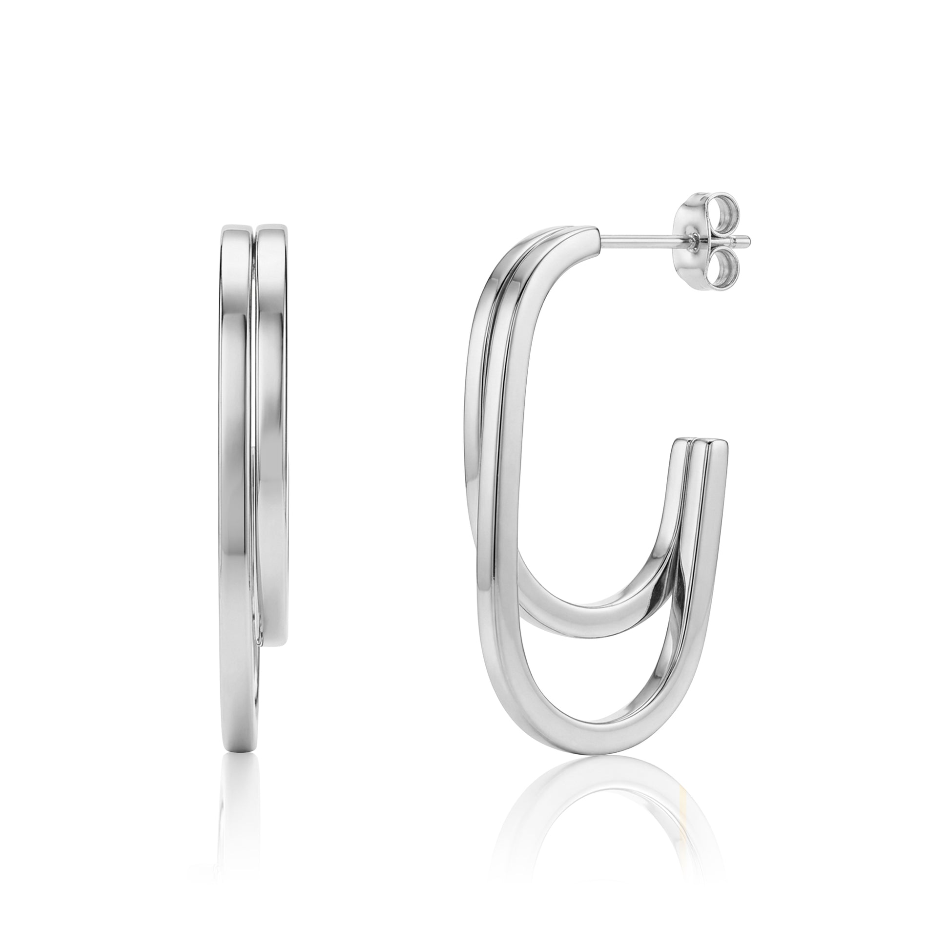 Silver twin curve hoop earrings made of polished stainless steel shown from side and front angles