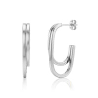 Silver twin curve hoop earrings made of polished stainless steel shown from side and front angles