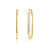 Gold elongated oval hoop earrings displayed from side and front views