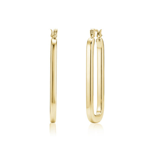 Gold elongated oval hoop earrings displayed from side and front views