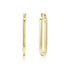 Gold elongated oval hoop earrings displayed from side and front views