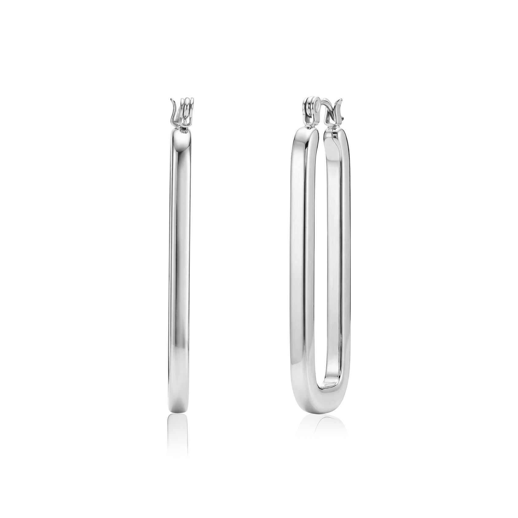 Silver elongated oval hoop earrings shown from side and front angles
