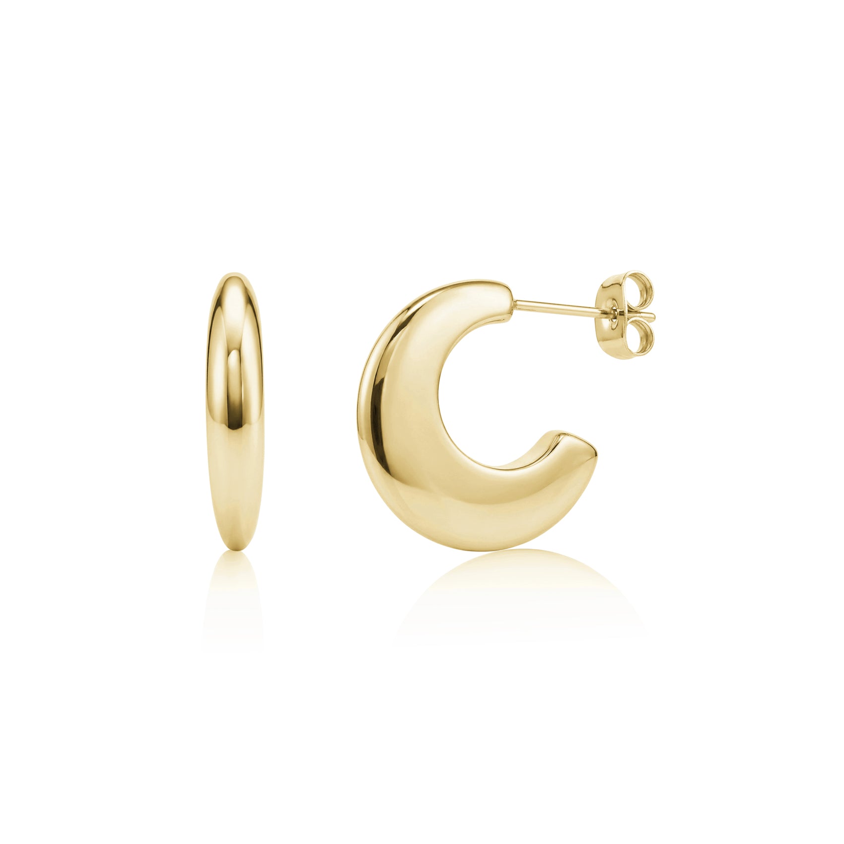 Gold-tone modern crescent hoop earrings showing front and side views