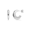 Silver-tone modern crescent hoop earrings showing front and side views