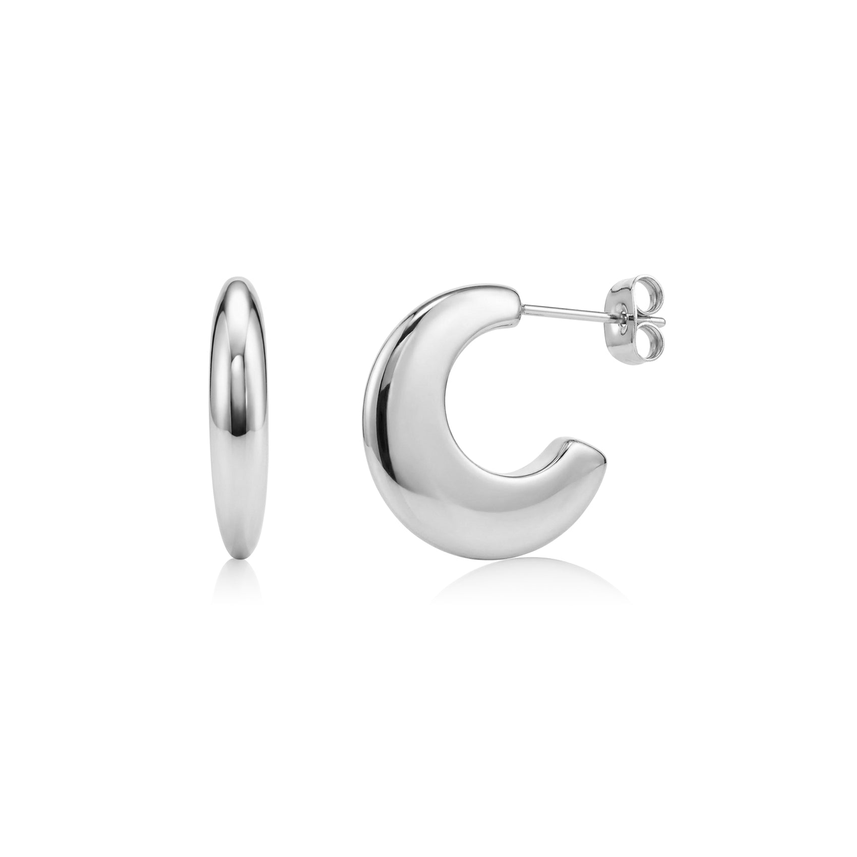 Silver-tone modern crescent hoop earrings showing front and side views