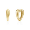 Gold inverted teardrop huggie earring front and side view with polished finish