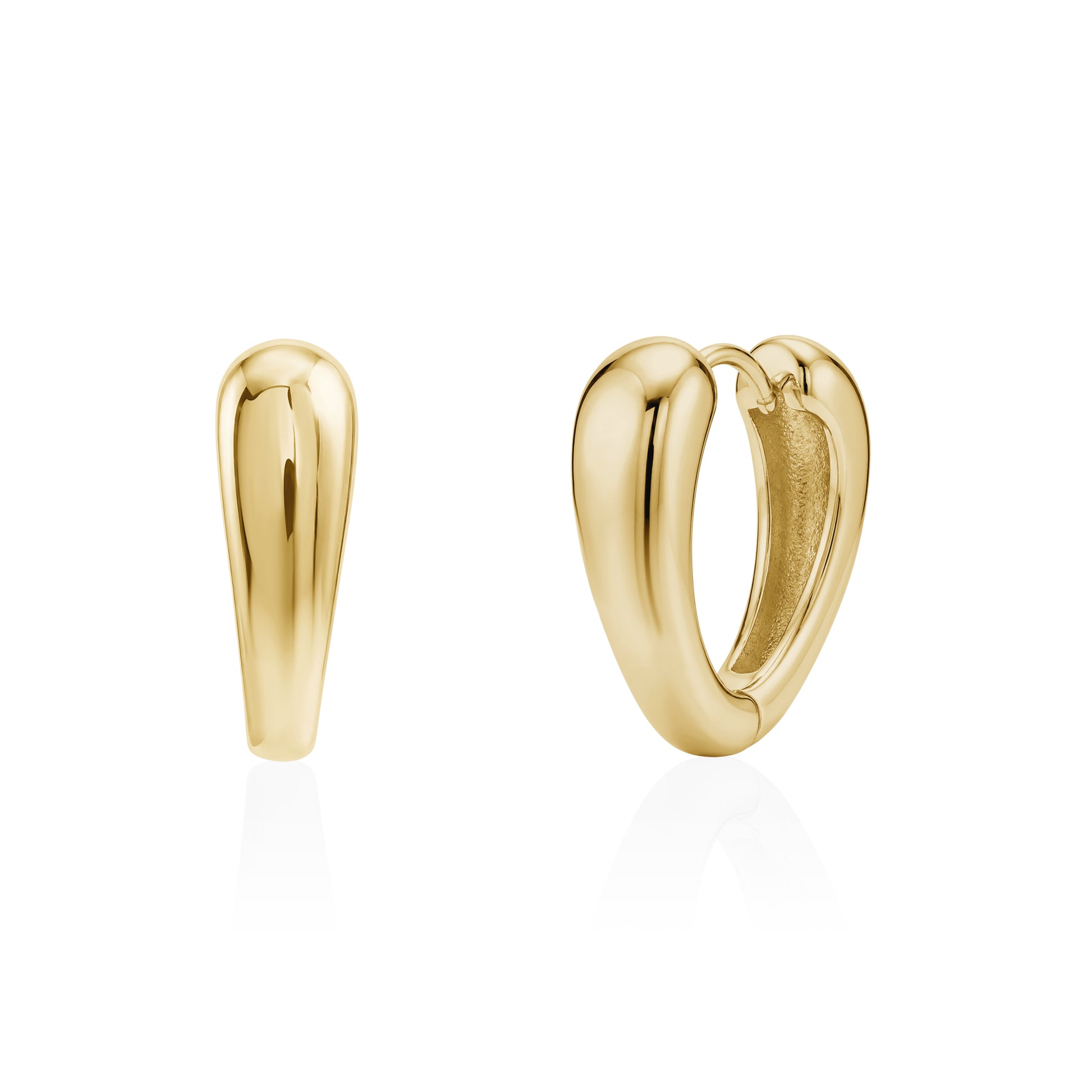 Gold inverted teardrop huggie earring front and side view with polished finish