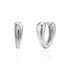 Silver inverted teardrop huggie earring front and side view with polished finish