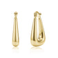 Gold stainless steel teardrop hoop earrings shown front and side views with hinged clasp