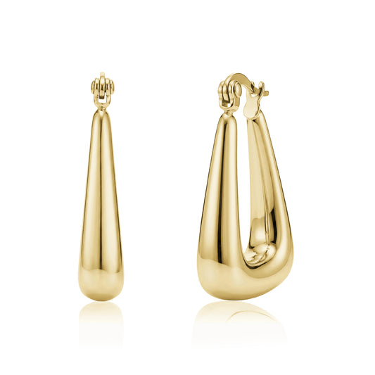 Gold stainless steel teardrop hoop earrings shown front and side views with hinged clasp
