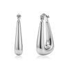 Silver stainless steel teardrop hoop earrings shown front and side views with hinged clasp