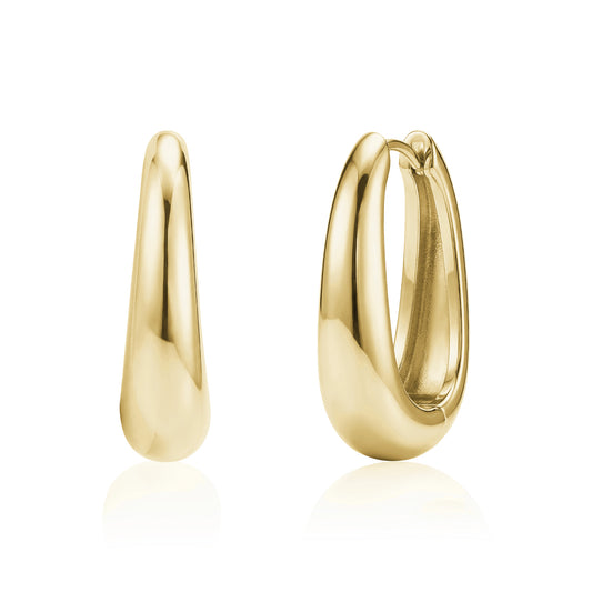 Bold teardrop oval huggie earrings in polished gold-tone stainless steel, 7mm wide, shown from front and side views