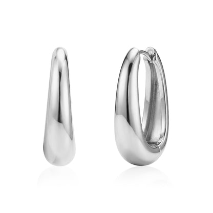 Bold teardrop oval huggie earrings in polished silver-tone stainless steel, 7mm wide, shown from front and side views