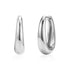 Bold teardrop oval huggie earrings in polished silver-tone stainless steel, 7mm wide, shown from front and side views