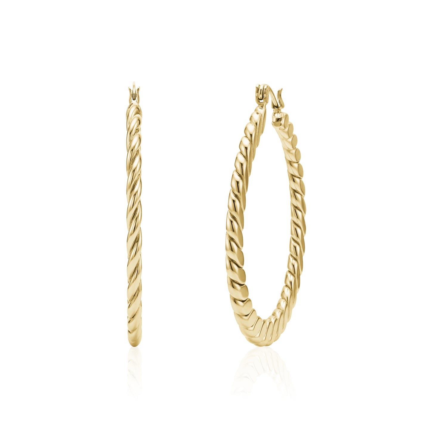 Polished gold-tone rope hoop earrings with twisted design, 40mm diameter, closed clasp closure