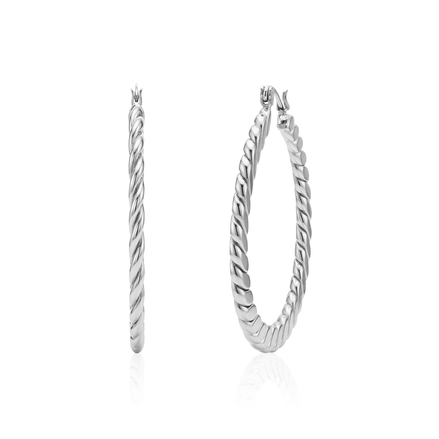 Polished silver-tone rope hoop earrings with twisted design, 40mm diameter, closed clasp closure