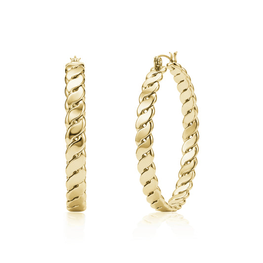Gold twisted rope hoop earrings with a polished stainless steel finish