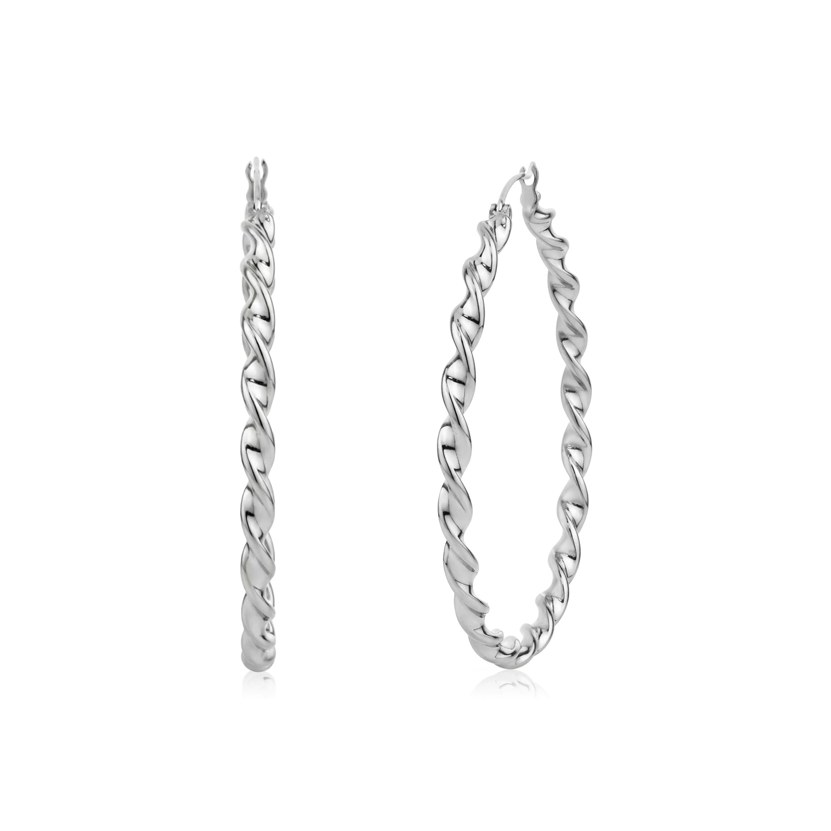 Silver twisted oval hoop earrings with a polished stainless steel finish shown from front and side views
