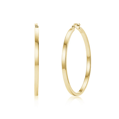 Gold flat oval hoop earrings with 50mm diameter and 3mm width, polished stainless steel finish