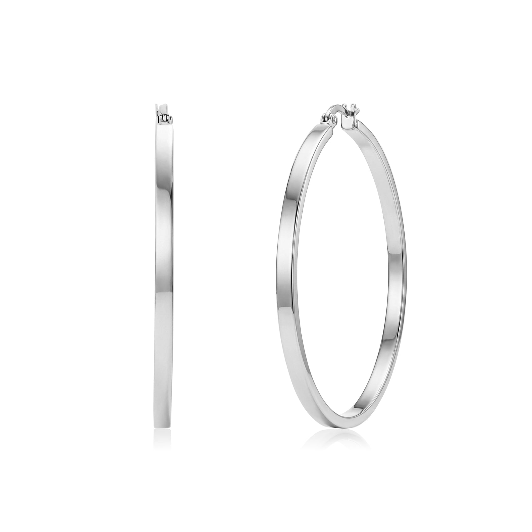 Silver flat oval hoop earrings with 50mm diameter and 3mm width, polished stainless steel finish