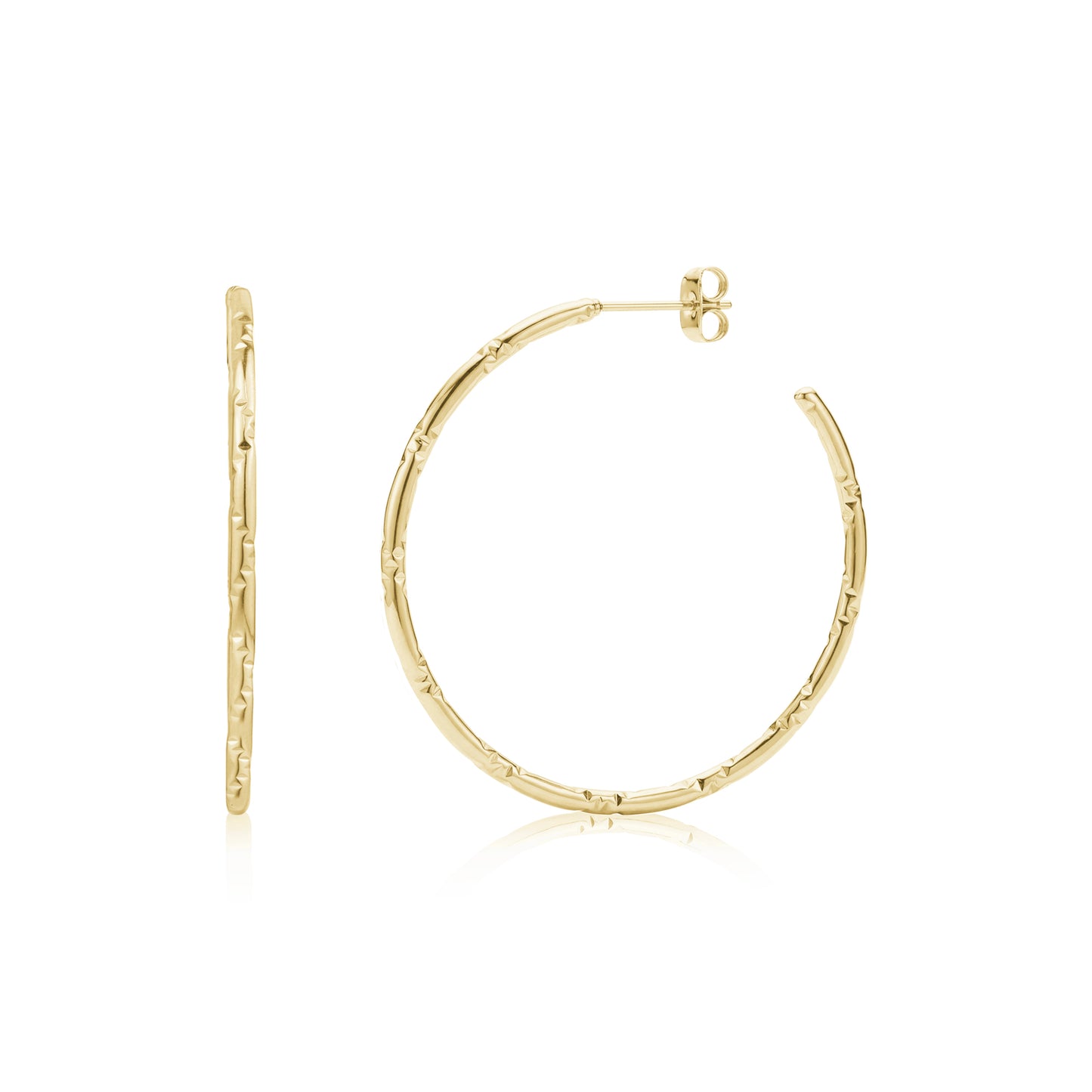 Faceted slim hoop earrings in shiny gold stainless steel with 42mm diameter, shown from front and side views