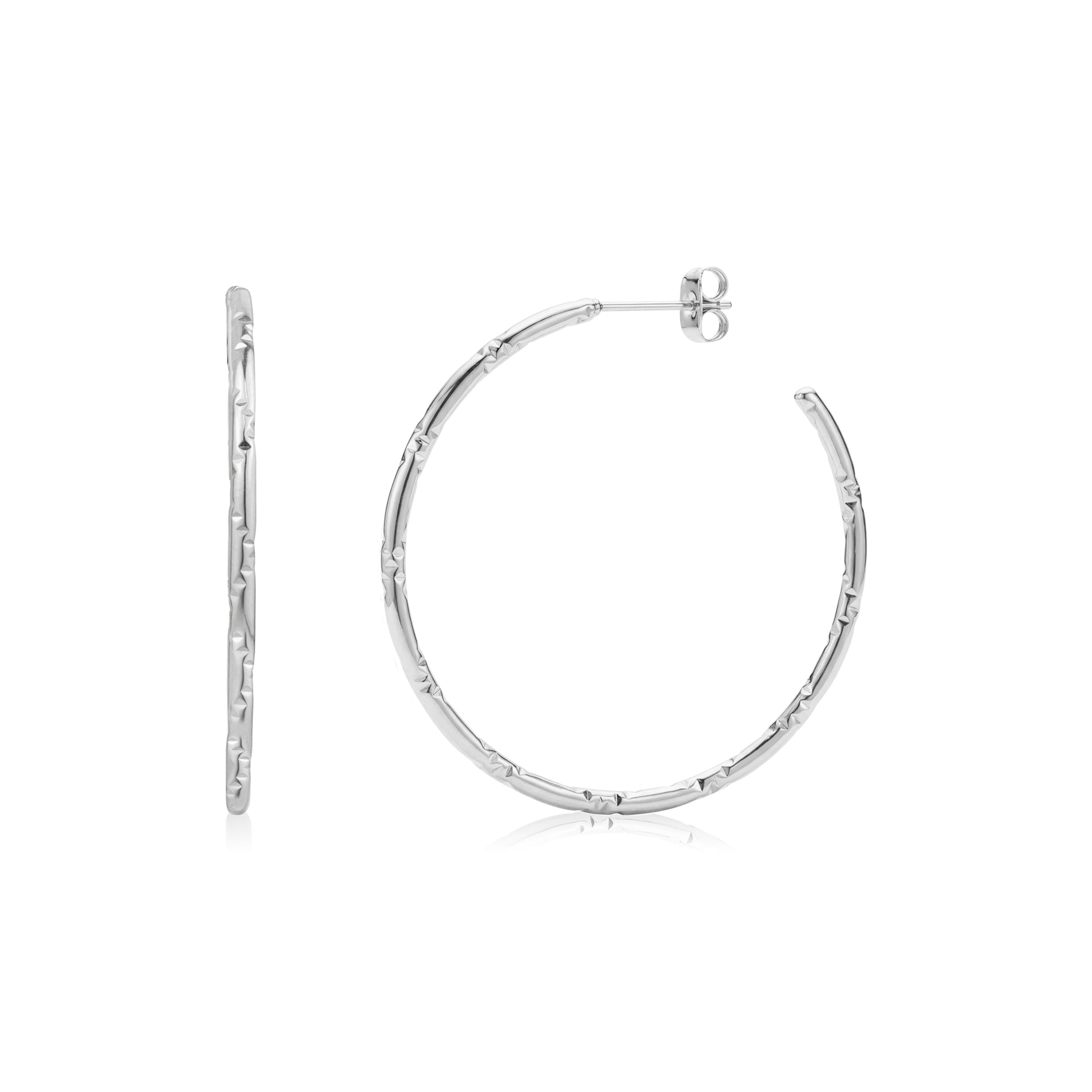 Faceted slim hoop earrings in shiny silver stainless steel with 42mm diameter, shown from front and side views