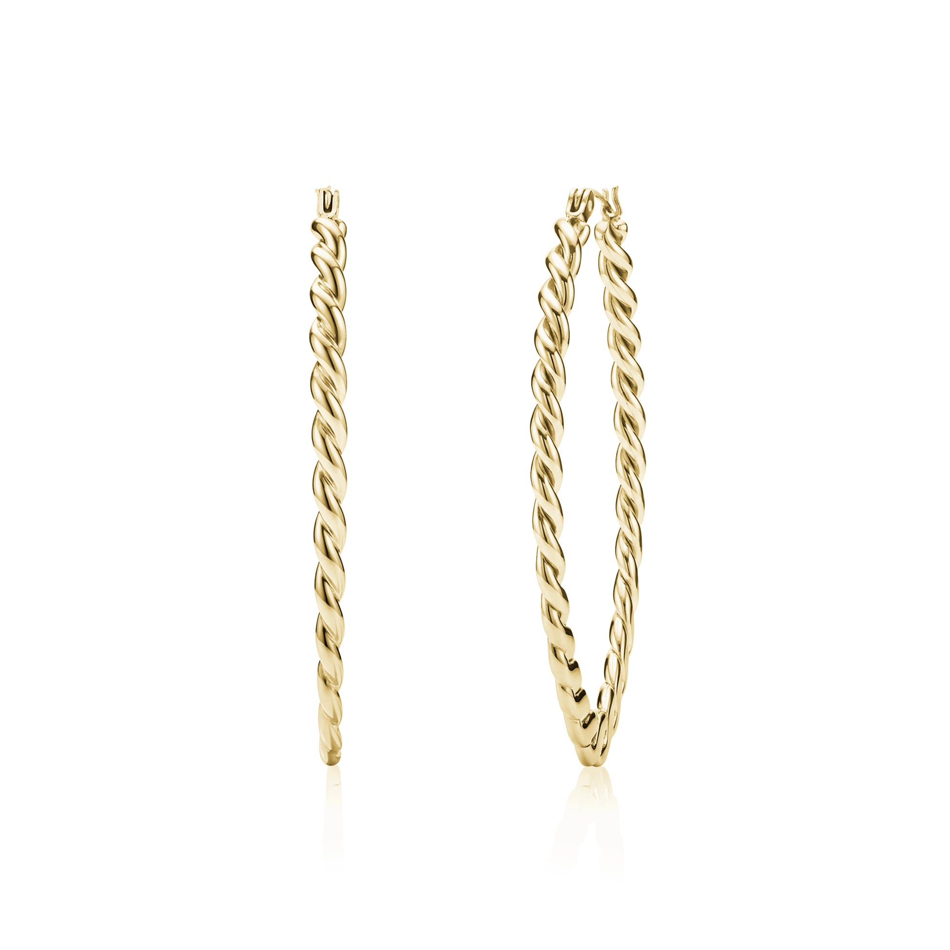 Gold large oval twist hoop earrings on white background