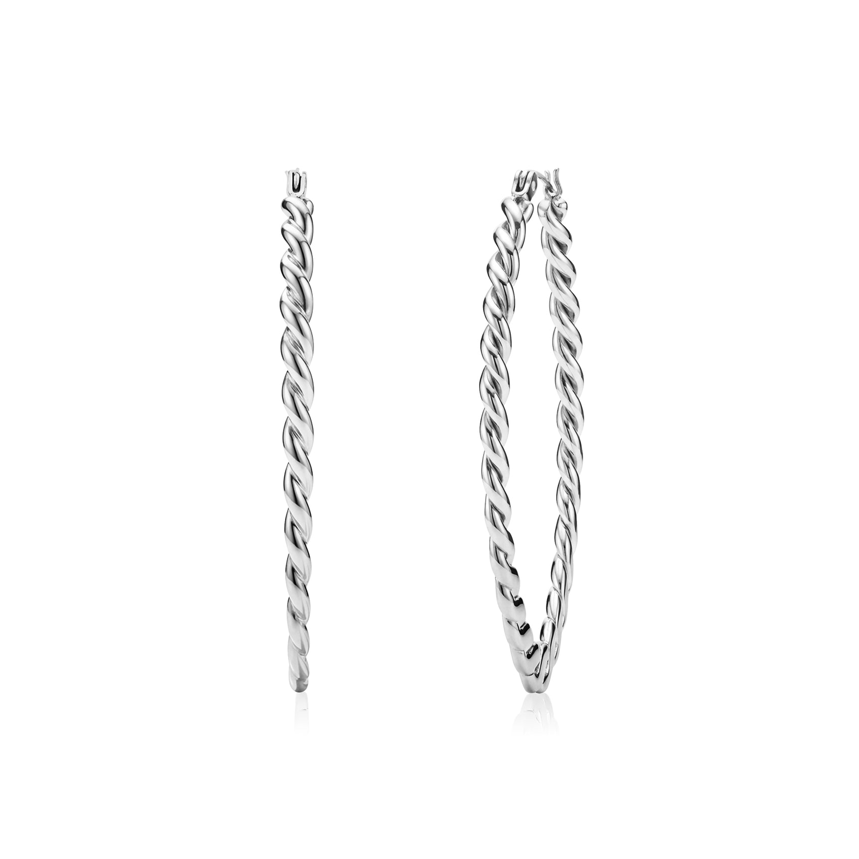 Silver large oval twist hoop earrings on white background