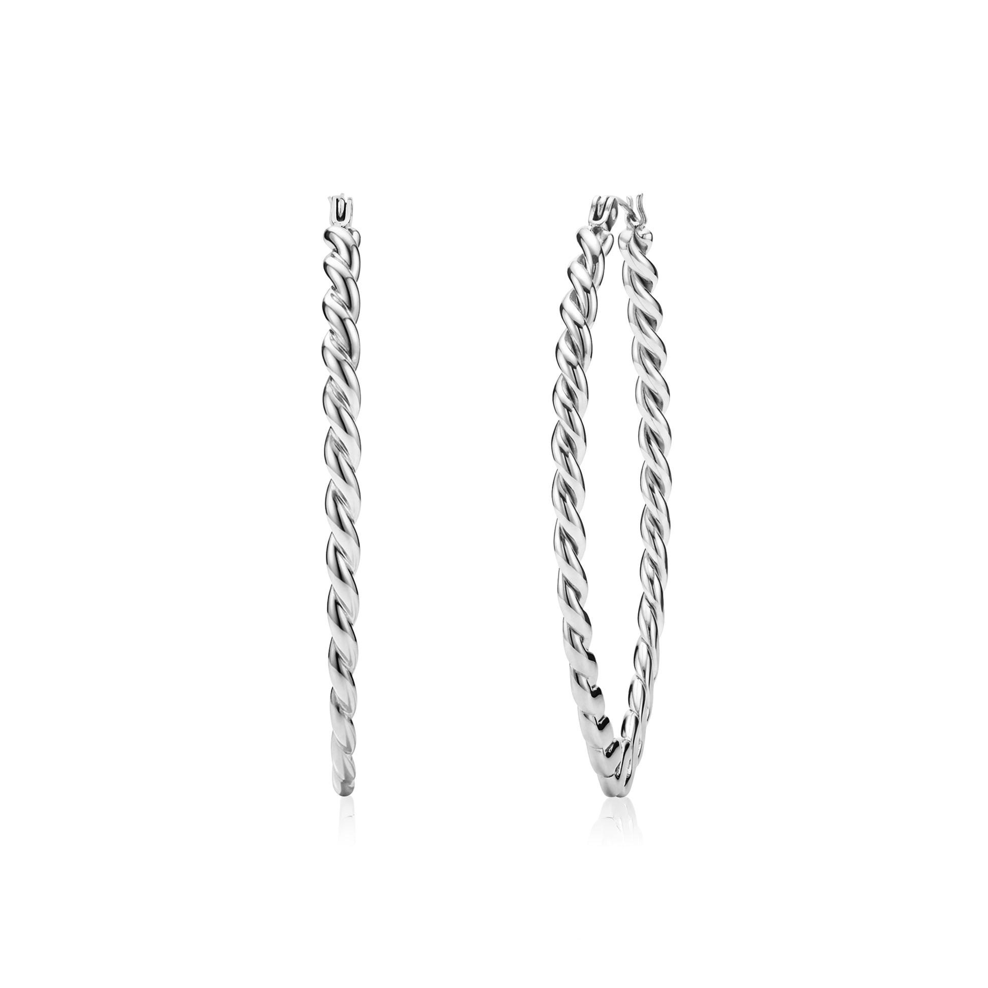 Silver large oval twist hoop earrings on white background