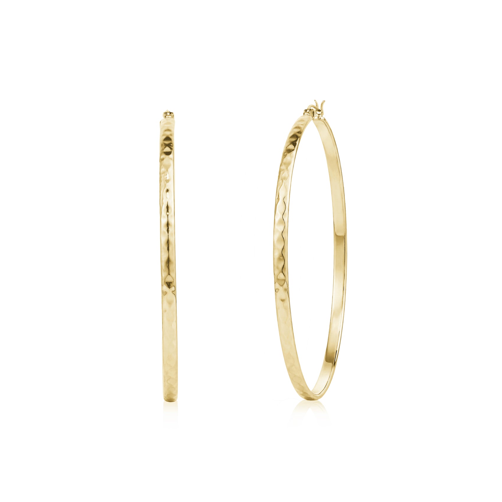 Gold stainless steel XL hammered hoop earrings with 63mm diameter and 3mm width