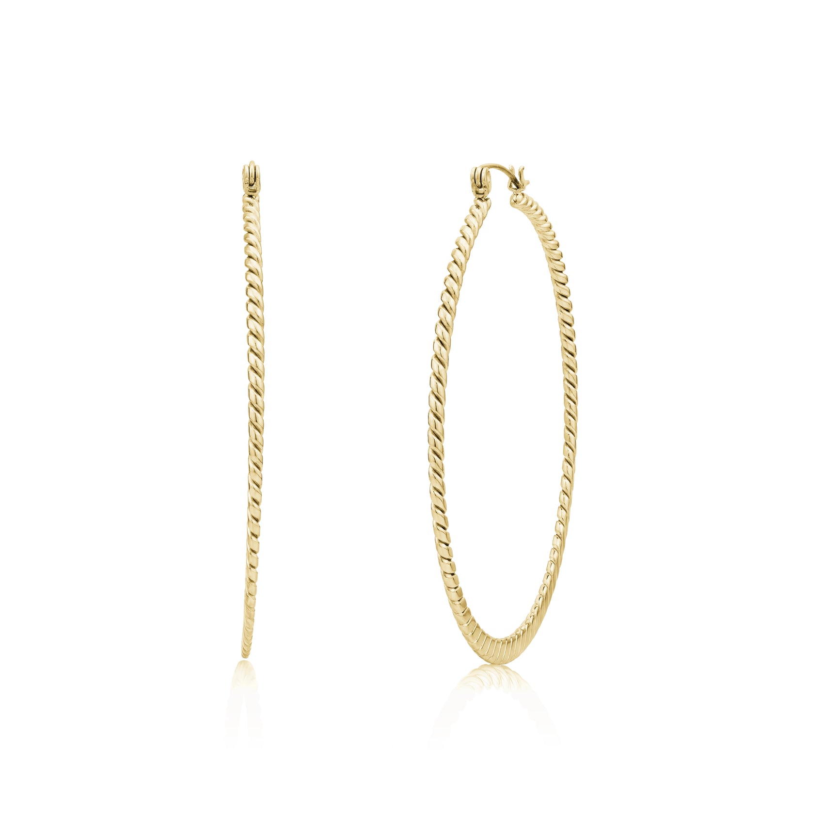 Slim rope hoop earrings in gold stainless steel, showing front and side view