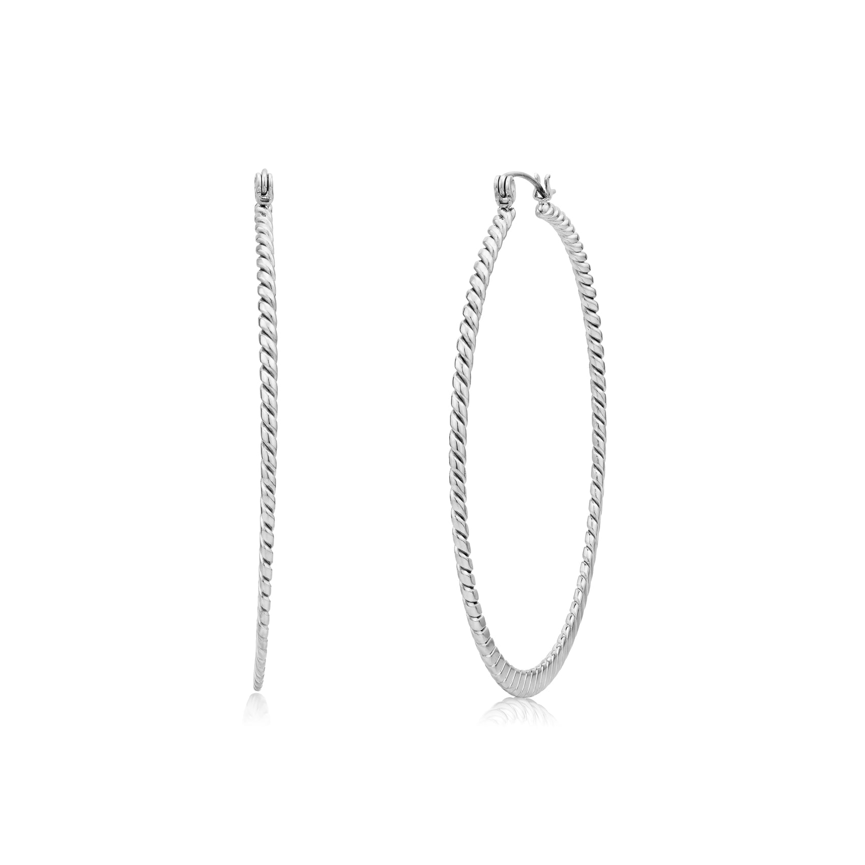Slim rope hoop earrings in silver stainless steel, showing front and side view