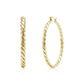 Gold twisted rope hoop earrings with 50mm outer diameter and 4mm width, shown closed and side view