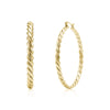 Gold twisted rope hoop earrings with 50mm outer diameter and 4mm width, shown closed and side view