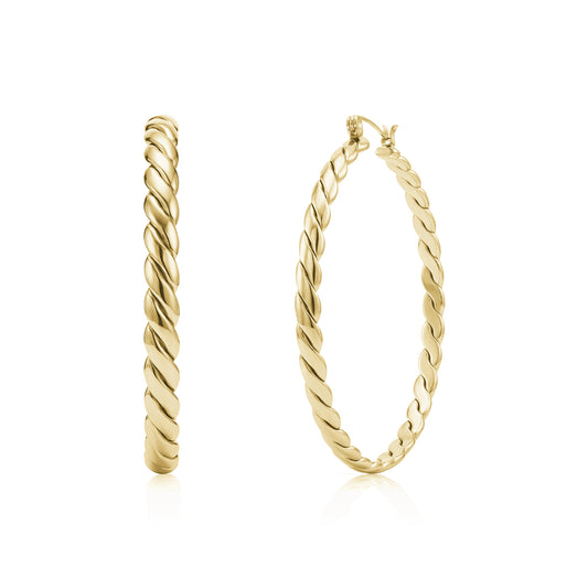 Gold twisted rope hoop earrings with 50mm outer diameter and 4mm width, shown closed and side view