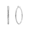 Silver twisted rope hoop earrings with 50mm outer diameter and 4mm width, shown closed and side view