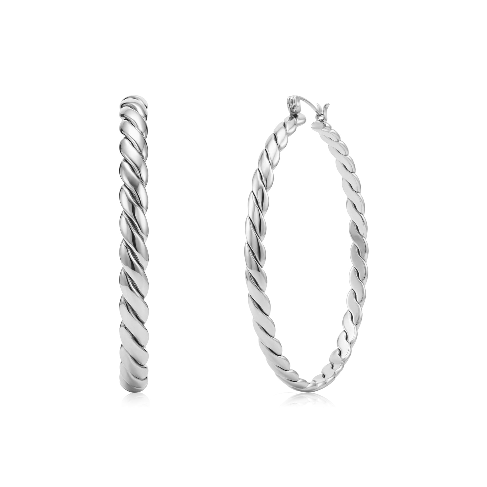 Silver twisted rope hoop earrings with 50mm outer diameter and 4mm width, shown closed and side view