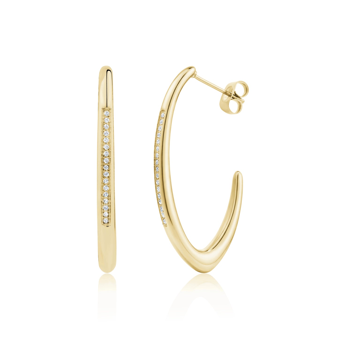 Gold-tone modern pave curve hoop earrings with cubic zirconia stones