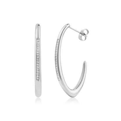 Silver-tone modern pave curve hoop earrings with cubic zirconia stones