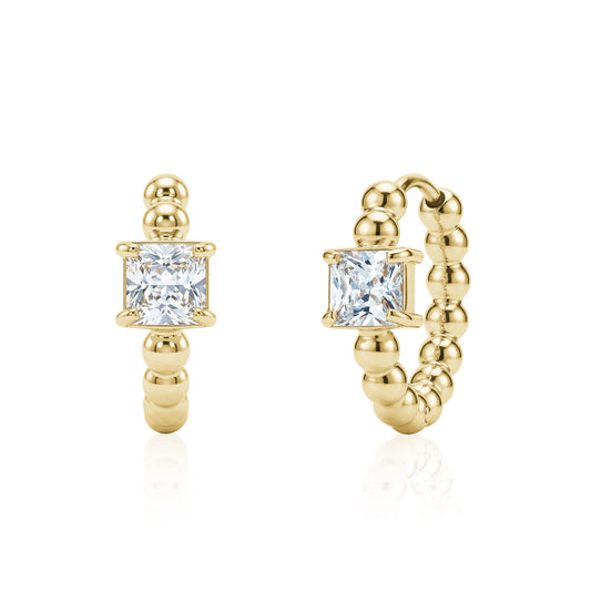 Gold square cut beaded huggie earrings with 5mm cubic zirconia stones and polished stainless steel beads