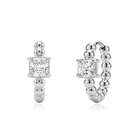 Silver square cut beaded huggie earrings with 5mm cubic zirconia stones and polished stainless steel beads
