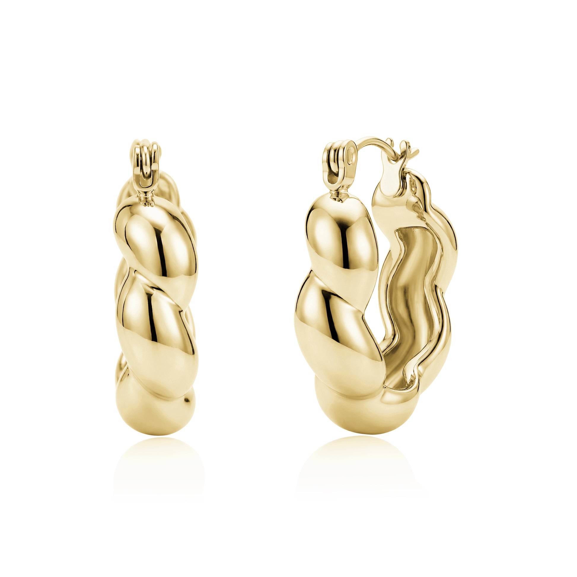 Gold chunky rope twist huggie earrings with 20mm diameter and 6mm width, front and side view