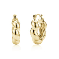 Gold chunky rope twist huggie earrings with 20mm diameter and 6mm width, front and side view