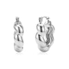 Silver chunky rope twist huggie earrings with 20mm diameter and 6mm width, front and side view