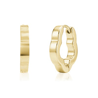 Gold clover-shaped huggie earrings with 16mm outer diameter and 3mm width, shown front and side view