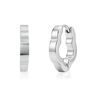 Silver clover-shaped huggie earrings with 16mm outer diameter and 3mm width, shown front and side view